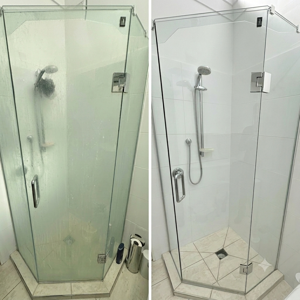 Shower glass before and after cleaning result by UrbanShine