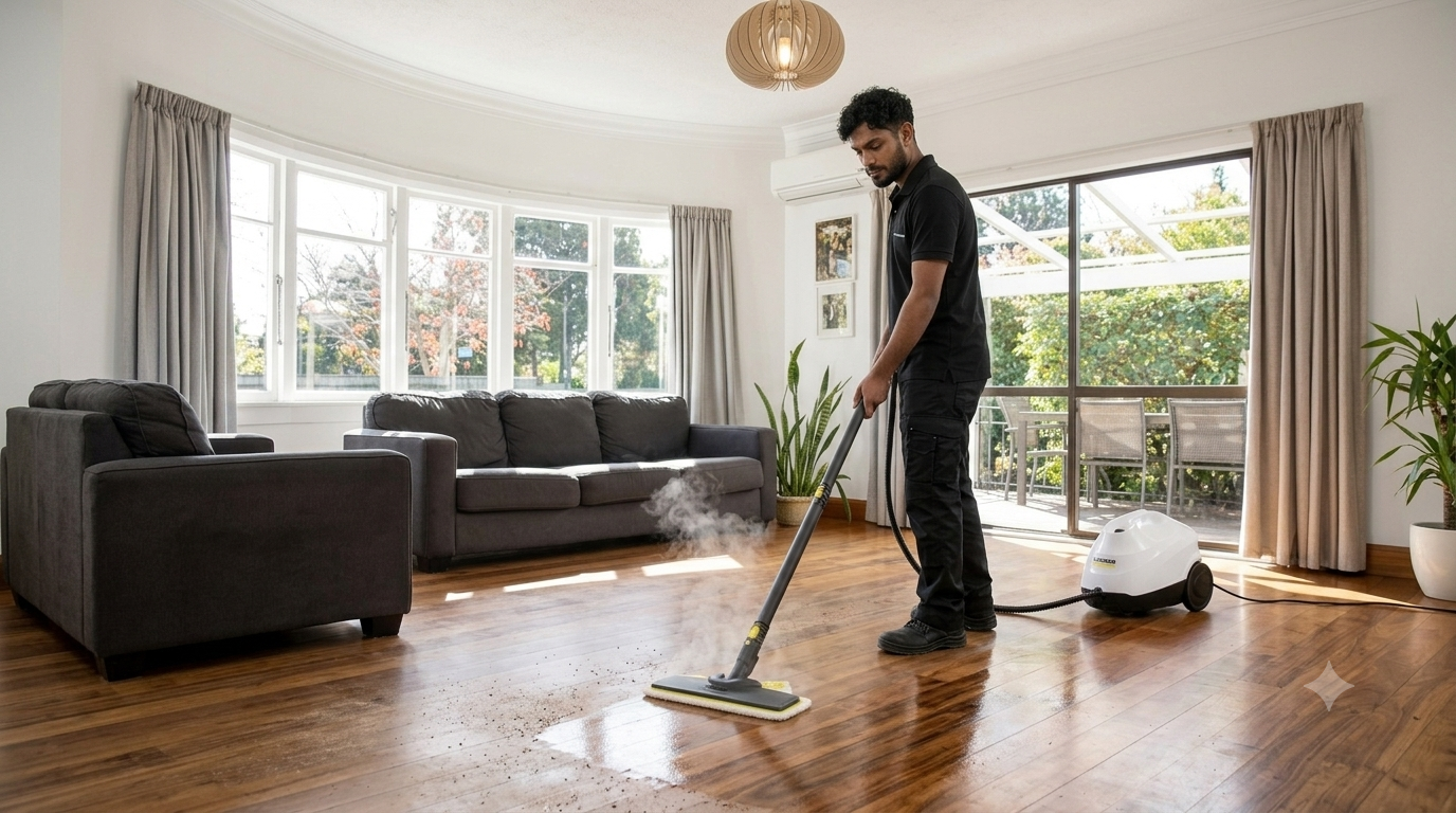 UrbanShine employee steam mopping a residential floor