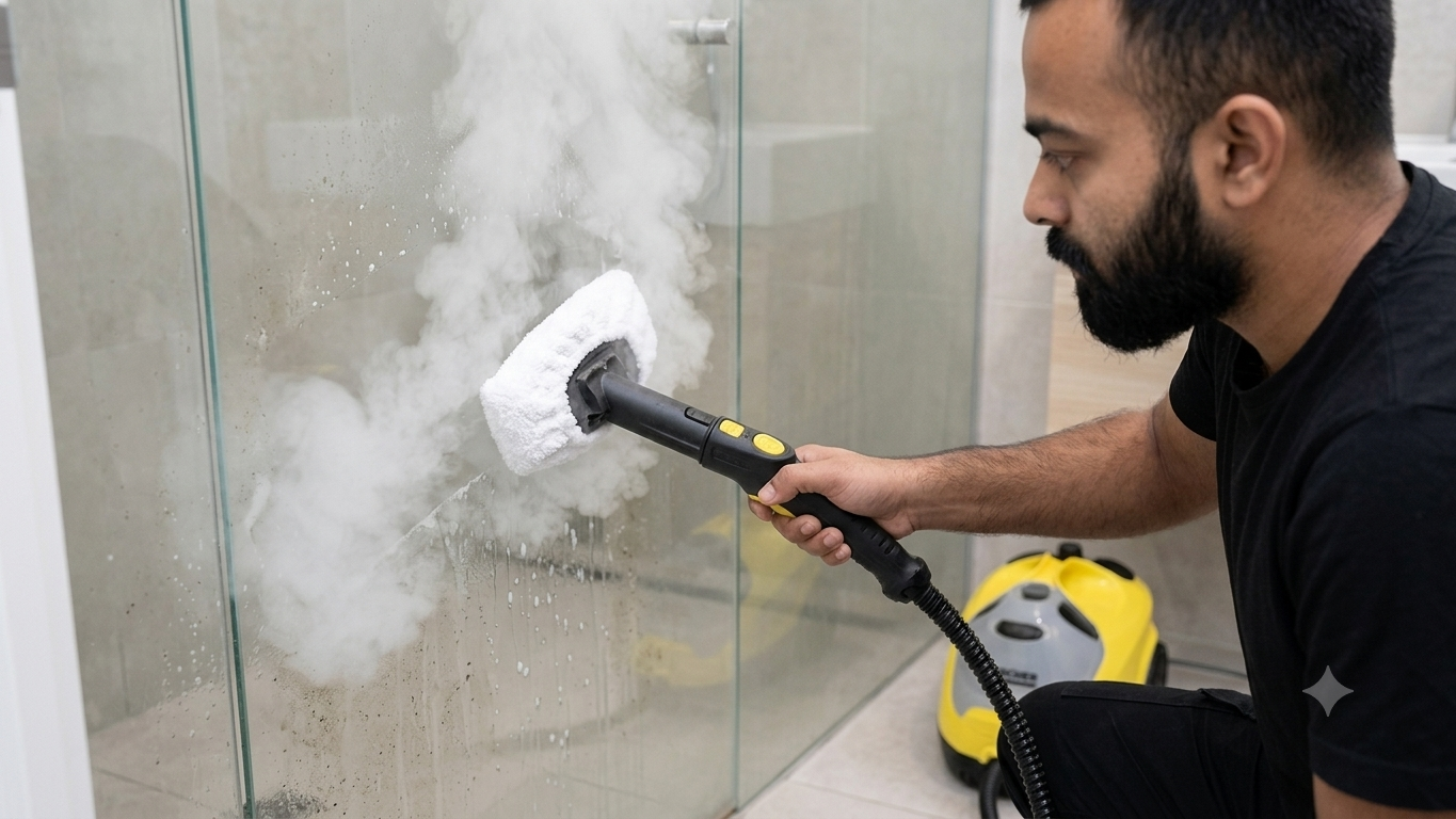 UrbanShine employee steam cleaning shower glass