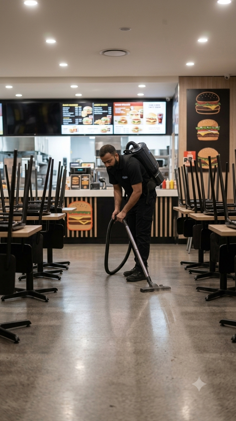 UrbanShine team member cleaning a hospitality venue — Auckland commercial cleaning